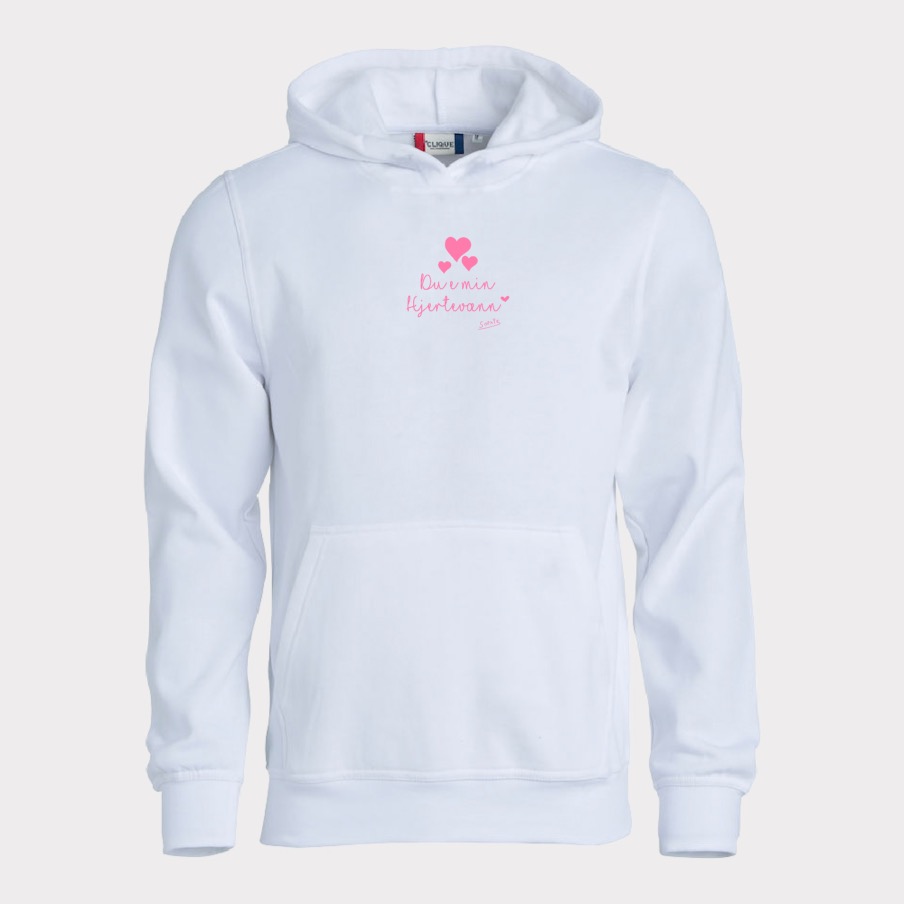 Hjertevænn hettegenser barn - rosa tekst