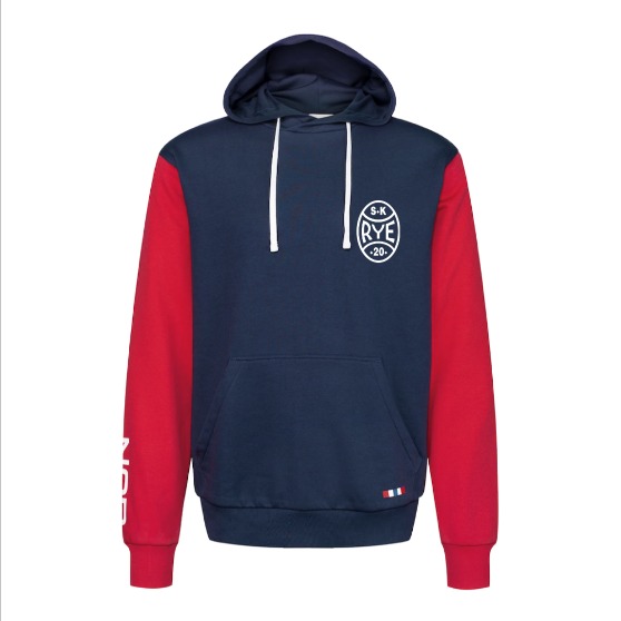Hettegenser med emblem foran og Rye-logo bak
