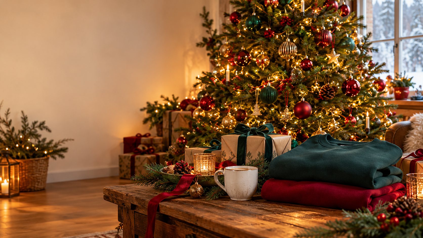 Julelig kampanjestemning med brettede plagg, kopp og innpakkede gaver