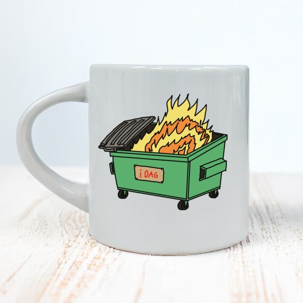 I dag – morsom kaffekopp med brennende container