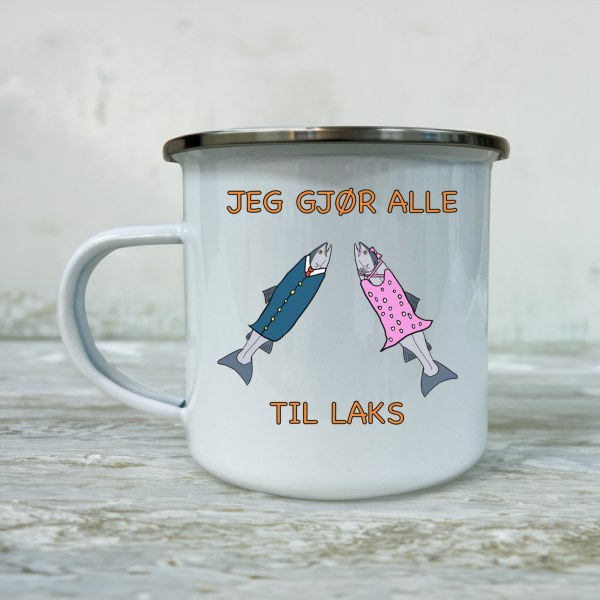 Jeg gjør alle til laks – morsom emaljekopp med fiskehumor