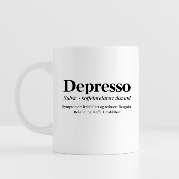 Depresso – morsom kaffekopp med tekst | Gave til kaffeelsker